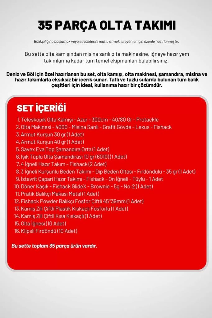 35 Parça Tam Takım Olta Seti - 300cm Kamış 40-80GR / 40'lık Makine (Red)