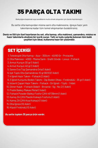 35 Parça Tam Takım Olta Seti - 300cm Kamış 40-80GR / 40'lık Makine (Red)
