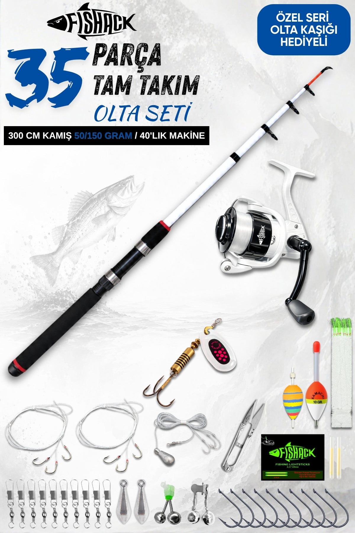 35 Parça Tam Takım Olta Seti - 300cm Kamış 50-150GR / 40'lık Makine (Beyaz)