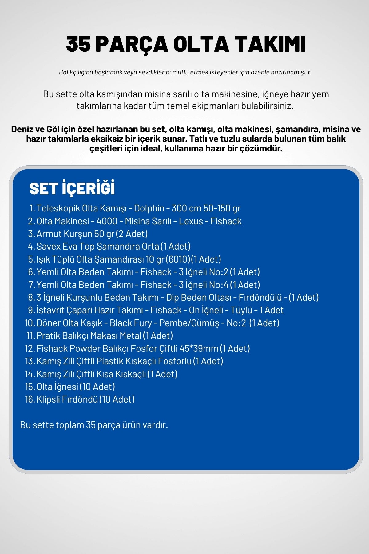 35 Parça Tam Takım Olta Seti - 300cm Kamış 50-150GR / 40'lık Makine (Beyaz)