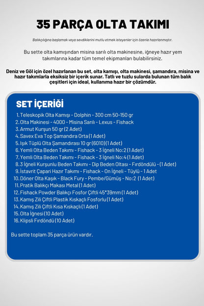 35 Parça Tam Takım Olta Seti - 300cm Kamış 50-150GR / 40'lık Makine (Beyaz)