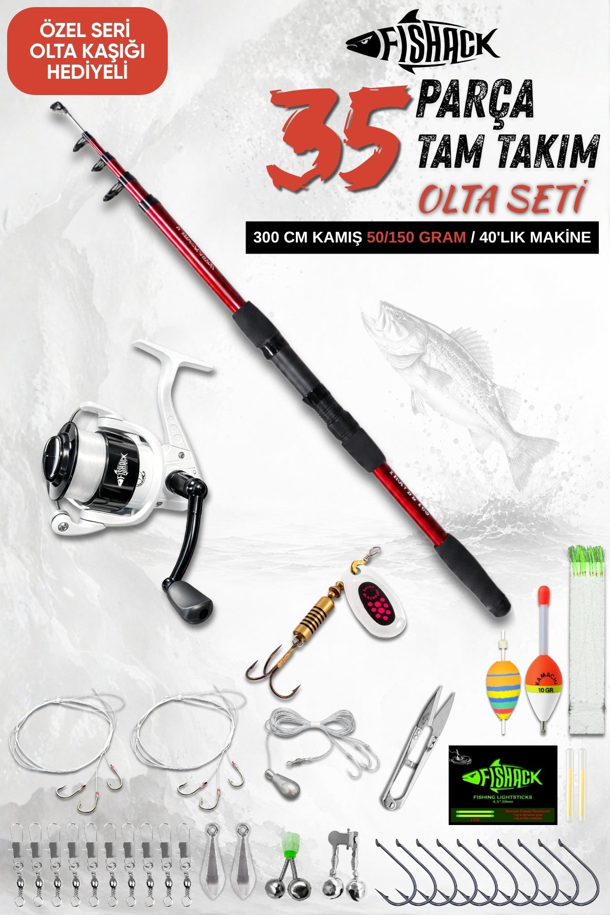 35 Parça Tam Takım Olta Seti - 300cm Kamış 50-150GR / 40'luk Makine (Bordo)