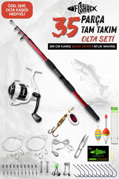 35 Parça Tam Takım Olta Seti - 300cm Kamış 50-150GR / 40'luk Makine (Bordo)