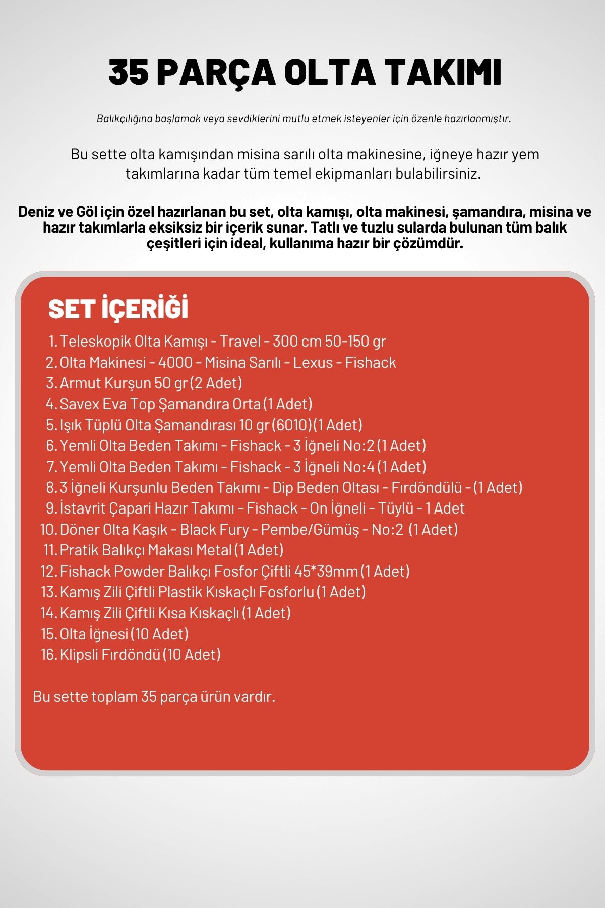35 Parça Tam Takım Olta Seti - 300cm Kamış 50-150GR / 40'luk Makine (Bordo)