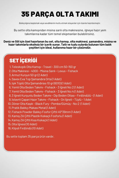 35 Parça Tam Takım Olta Seti - 300cm Kamış 50-150GR / 40'luk Makine (Bordo)