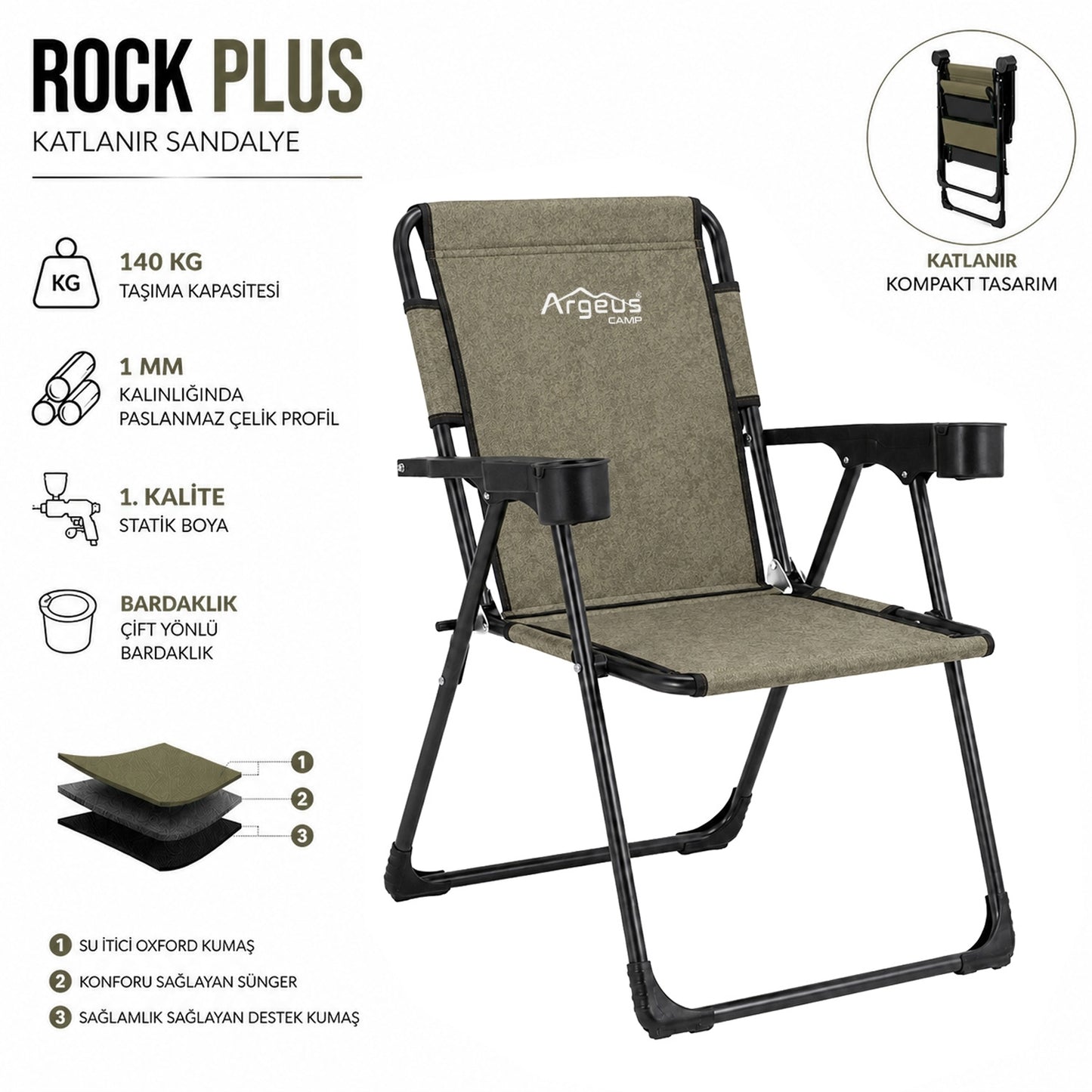 4 Adet Katlanır Kamp Sandalyesi ve Ahşap Masa Seti - Rock Plus - Gusto Haki