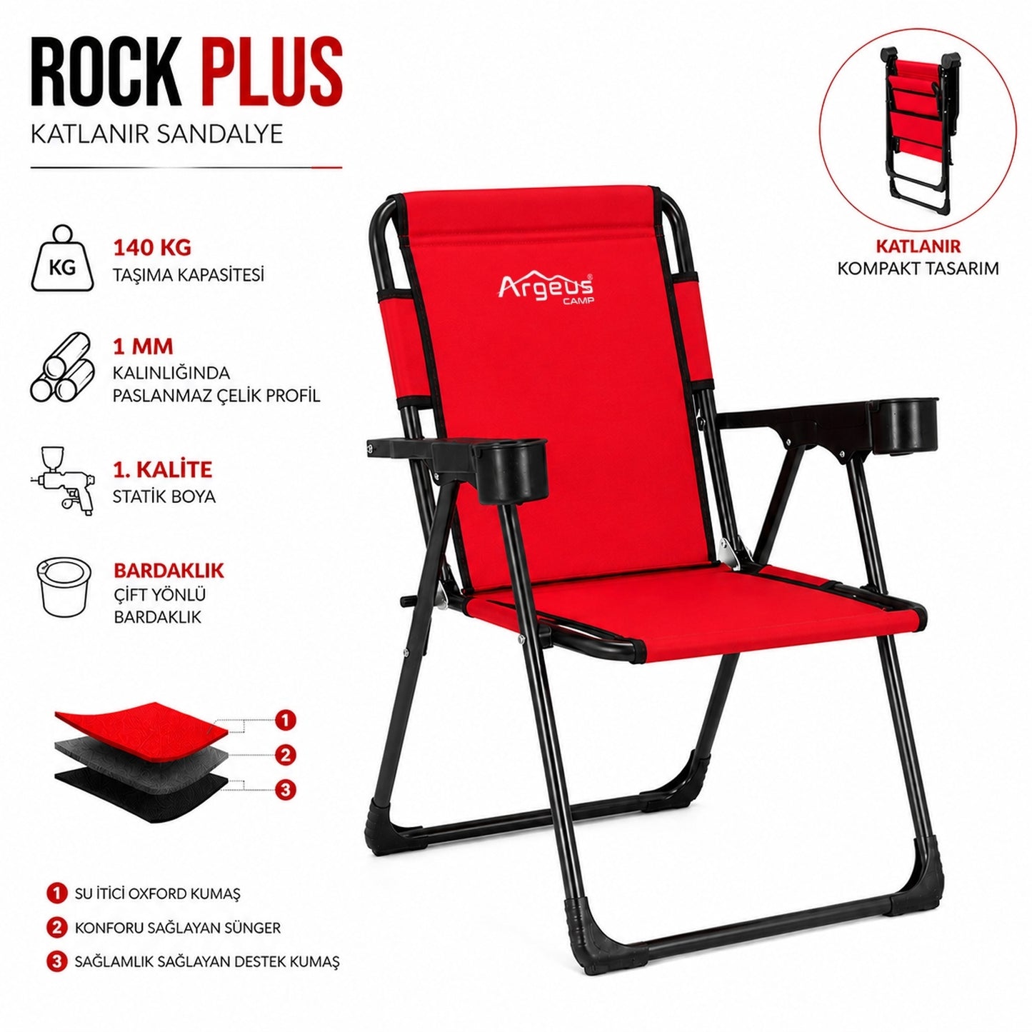 4 Adet Katlanır Kamp Sandalyesi ve Ahşap Masa Seti - Rock Plus - Kırmızı