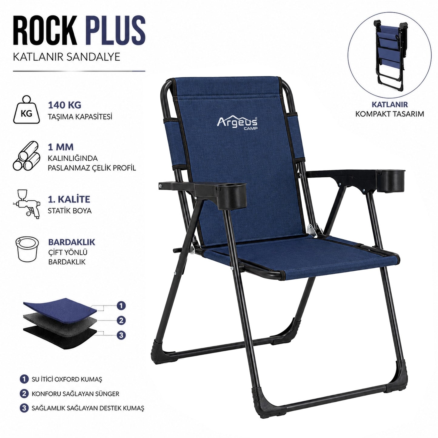 4 Adet Katlanır Kamp Sandalyesi ve Ahşap Masa Seti - Rock Plus - Linen Lacivert