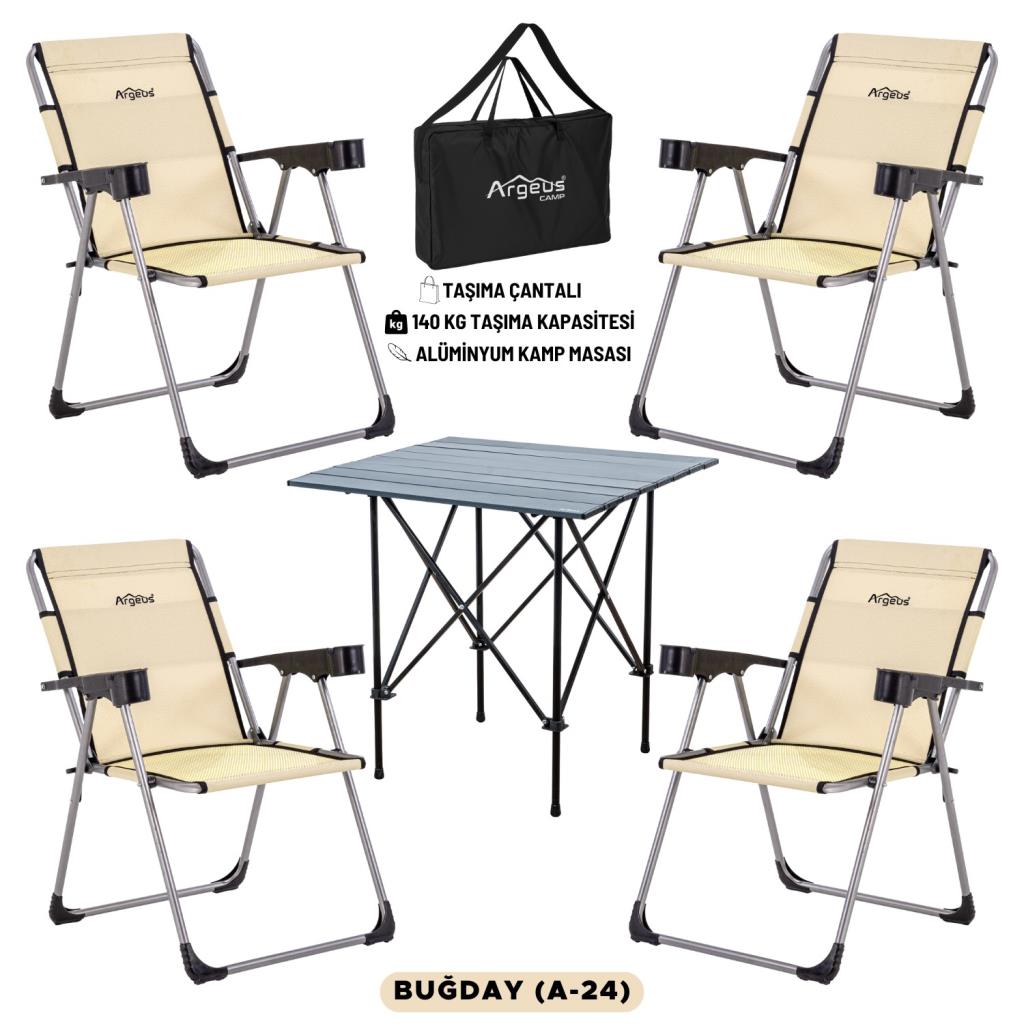 4 Adet Katlanır Kamp Sandalyesi ve Alüminyum Masa Seti - Rock Dark - Buğday - Taşıma Çantalı