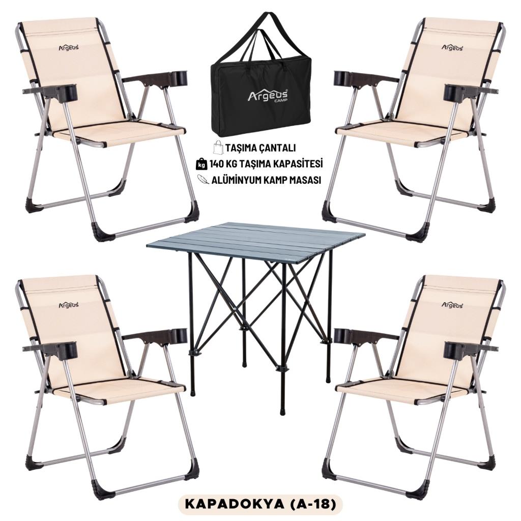 4 Adet Katlanır Kamp Sandalyesi ve Alüminyum Masa Seti - Rock Dark - Kapadokya - Taşıma Çantalı