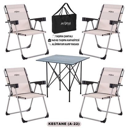 4 Adet Katlanır Kamp Sandalyesi ve Alüminyum Masa Seti - Rock Dark - Kestane - Taşıma Çantalı