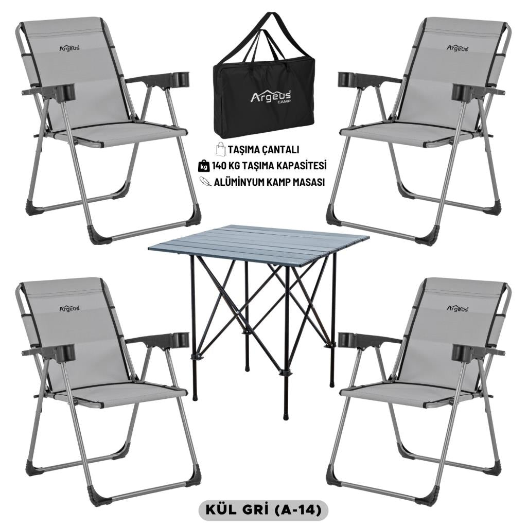 4 Adet Katlanır Kamp Sandalyesi ve Alüminyum Masa Seti - Rock Dark - Kül Gri - Taşıma Çantalı