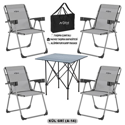 4 Adet Katlanır Kamp Sandalyesi ve Alüminyum Masa Seti - Rock Dark - Kül Gri - Taşıma Çantalı