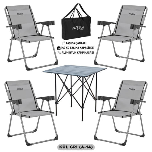 4 Adet Katlanır Kamp Sandalyesi ve Alüminyum Masa Seti - Rock Dark - Kül Gri - Taşıma Çantalı