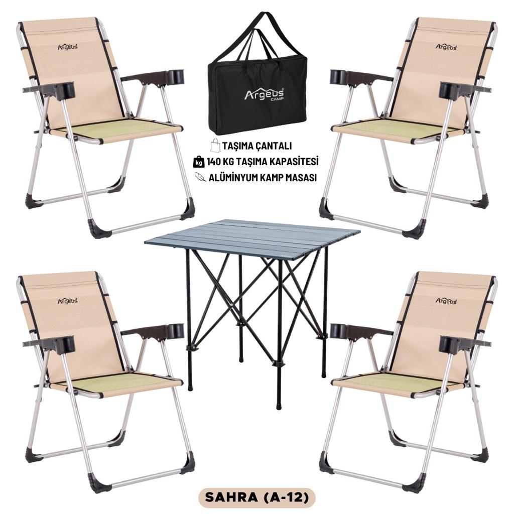 4 Adet Katlanır Kamp Sandalyesi ve Alüminyum Masa Seti - Rock Dark - Sahra - Taşıma Çantalı