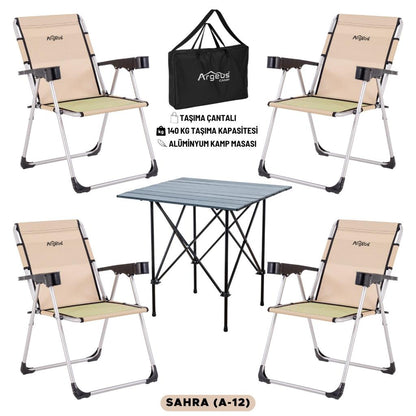 4 Adet Katlanır Kamp Sandalyesi ve Alüminyum Masa Seti - Rock Dark - Sahra - Taşıma Çantalı