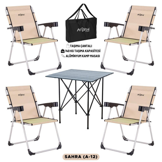 4 Adet Katlanır Kamp Sandalyesi ve Alüminyum Masa Seti - Rock Dark - Sahra - Taşıma Çantalı