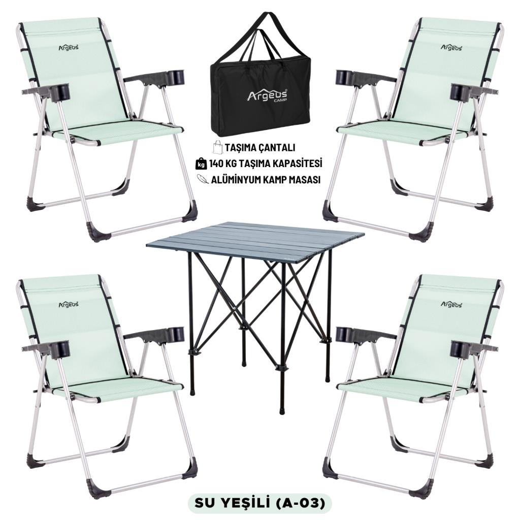 4 Adet Katlanır Kamp Sandalyesi ve Alüminyum Masa Seti - Rock Dark - Su Yeşili - Taşıma Çantalı