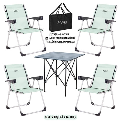 4 Adet Katlanır Kamp Sandalyesi ve Alüminyum Masa Seti - Rock Dark - Su Yeşili - Taşıma Çantalı