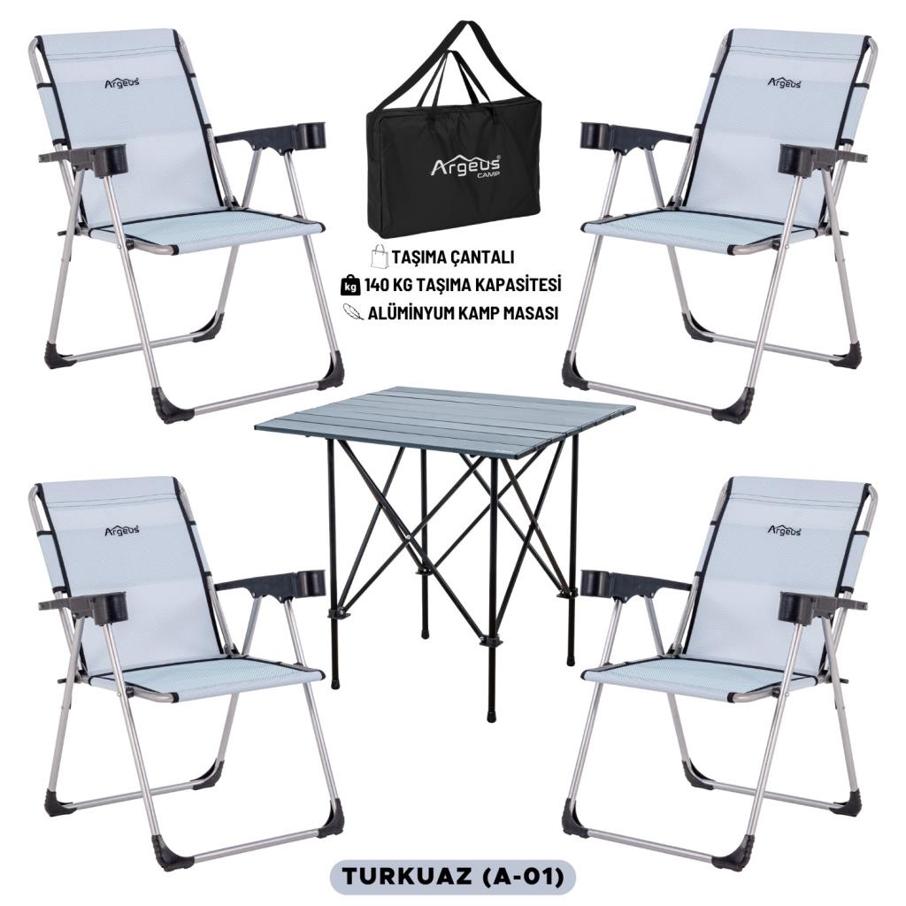 4 Adet Katlanır Kamp Sandalyesi ve Alüminyum Masa Seti - Rock Dark - Turkuaz - Taşıma Çantalı