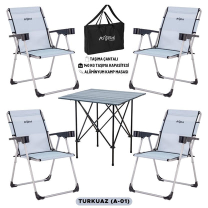 4 Adet Katlanır Kamp Sandalyesi ve Alüminyum Masa Seti - Rock Dark - Turkuaz - Taşıma Çantalı