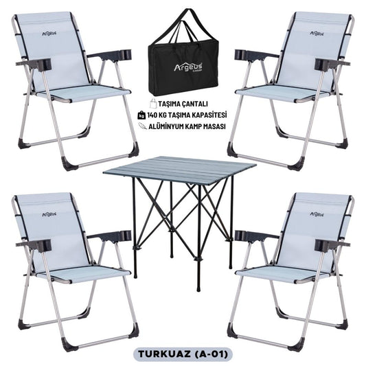 4 Adet Katlanır Kamp Sandalyesi ve Alüminyum Masa Seti - Rock Dark - Turkuaz - Taşıma Çantalı