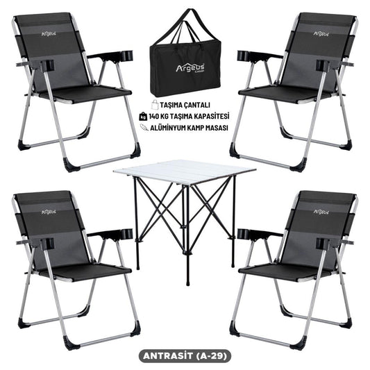 4 Adet Katlanır Kamp Sandalyesi ve Alüminyum Masa Seti - Rock Silver - Antrasit - Taşıma Çantalı