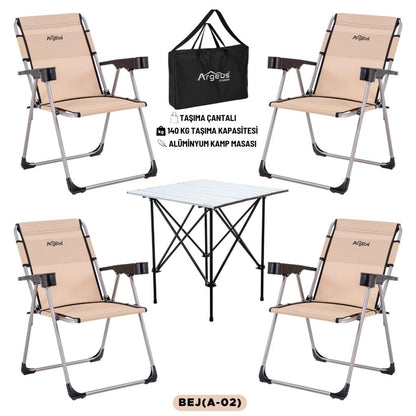 4 Adet Katlanır Kamp Sandalyesi ve Alüminyum Masa Seti - Rock Silver - Bej - Taşıma Çantalı