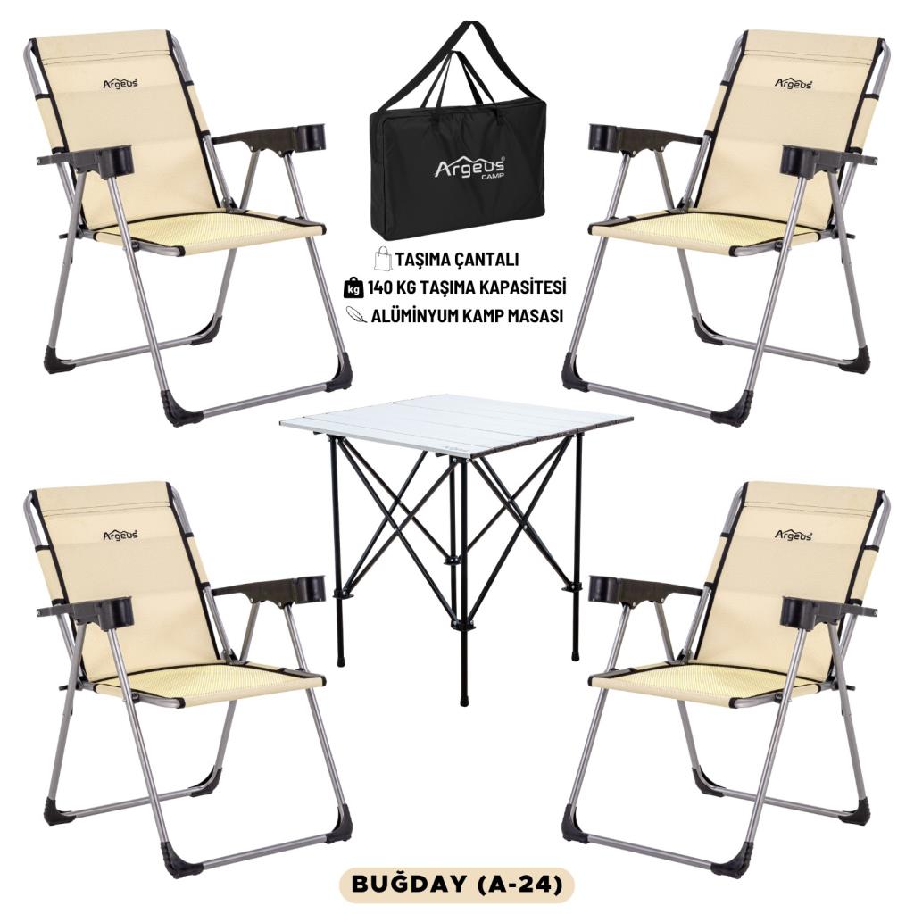 4 Adet Katlanır Kamp Sandalyesi ve Alüminyum Masa Seti - Rock Silver - Buğday - Taşıma Çantalı