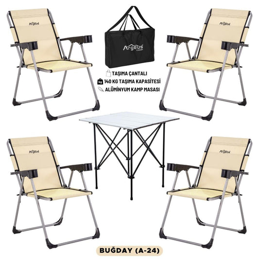 4 Adet Katlanır Kamp Sandalyesi ve Alüminyum Masa Seti - Rock Silver - Buğday - Taşıma Çantalı