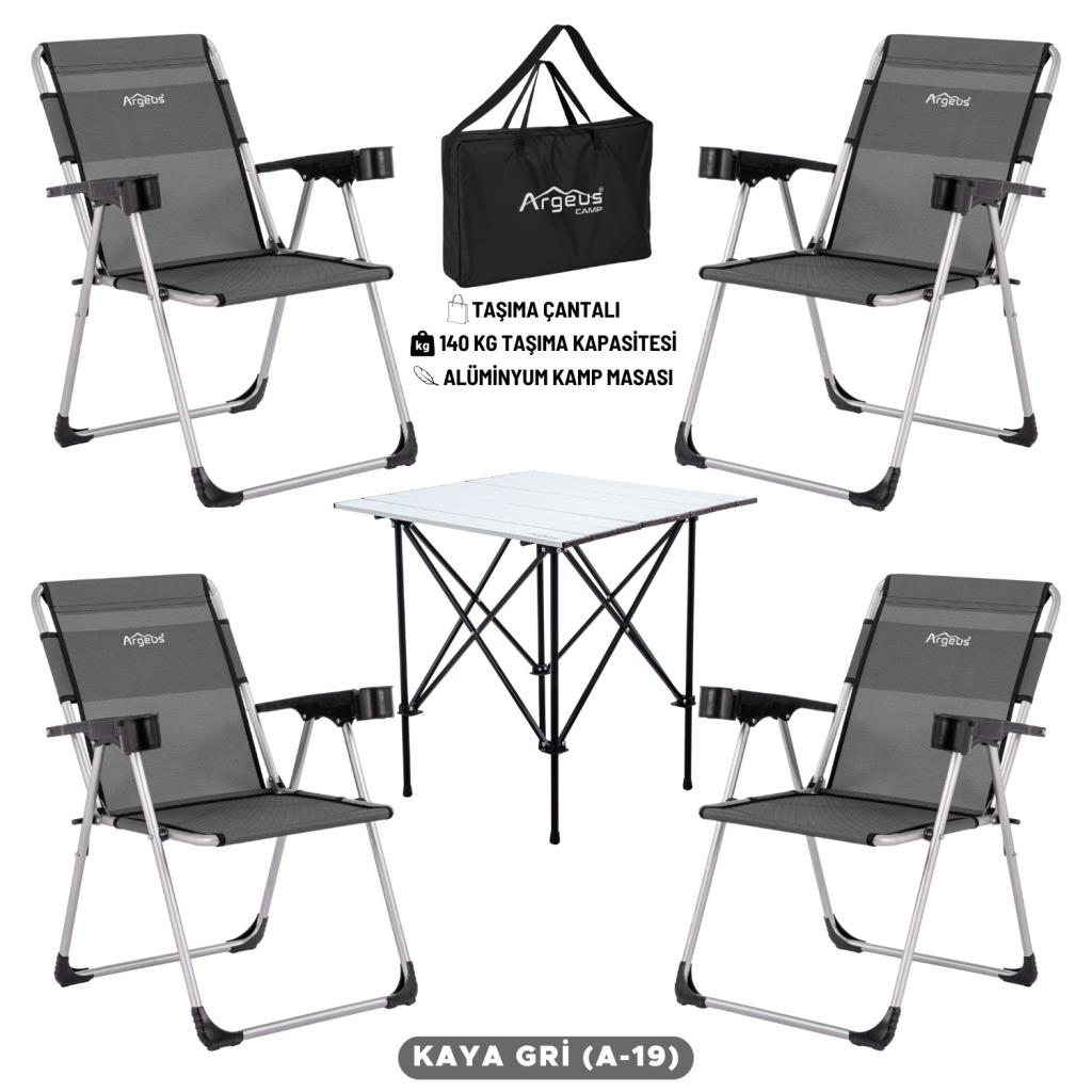 4 Adet Katlanır Kamp Sandalyesi ve Alüminyum Masa Seti - Rock Silver - Füme