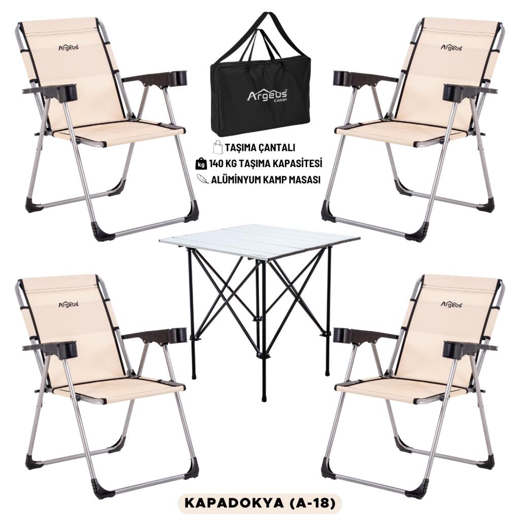 4 Adet Katlanır Kamp Sandalyesi ve Alüminyum Masa Seti - Rock Silver - Kapadokya - Taşıma Çantalı