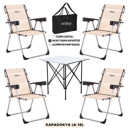 4 Adet Katlanır Kamp Sandalyesi ve Alüminyum Masa Seti - Rock Silver - Kapadokya - Taşıma Çantalı