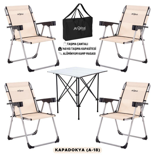 4 Adet Katlanır Kamp Sandalyesi ve Alüminyum Masa Seti - Rock Silver - Kapadokya - Taşıma Çantalı