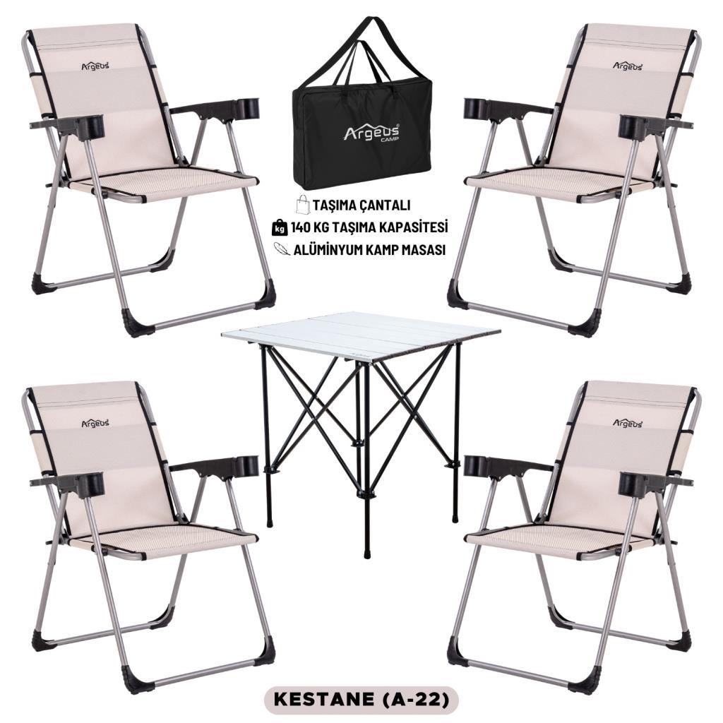 4 Adet Katlanır Kamp Sandalyesi ve Alüminyum Masa Seti - Rock Silver - Kestane - Taşıma Çantalı