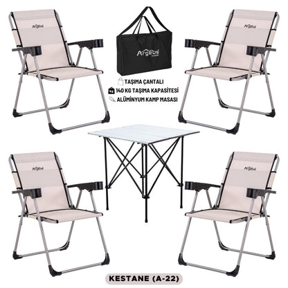 4 Adet Katlanır Kamp Sandalyesi ve Alüminyum Masa Seti - Rock Silver - Kestane - Taşıma Çantalı