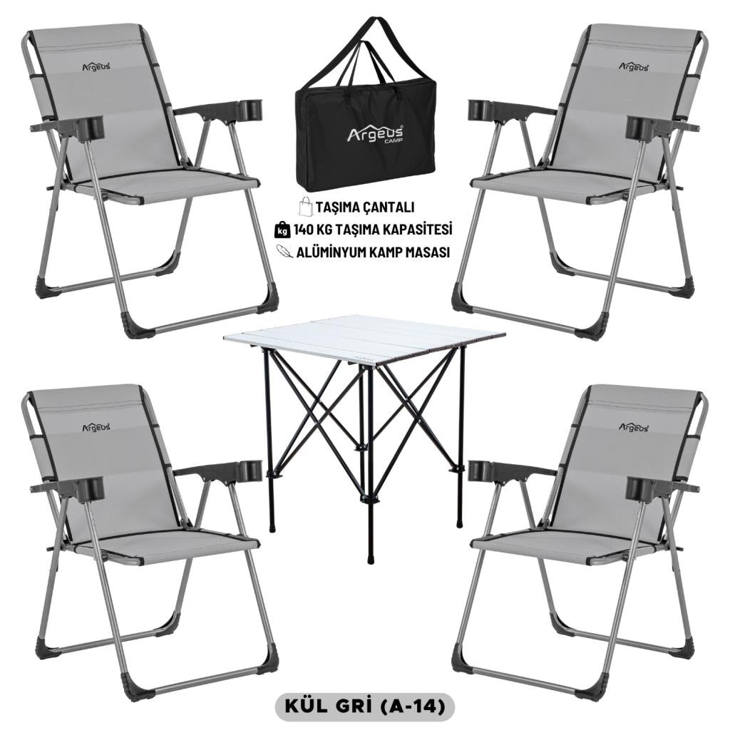 4 Adet Katlanır Kamp Sandalyesi ve Alüminyum Masa Seti - Rock Silver - Kül Gri - Taşıma Çantalı