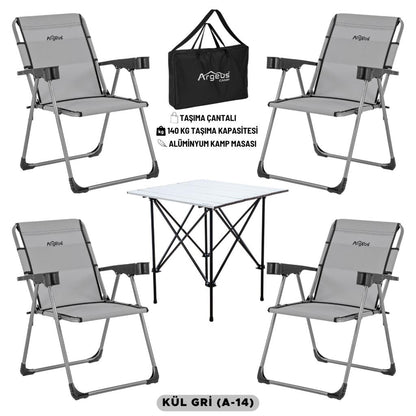 4 Adet Katlanır Kamp Sandalyesi ve Alüminyum Masa Seti - Rock Silver - Kül Gri - Taşıma Çantalı