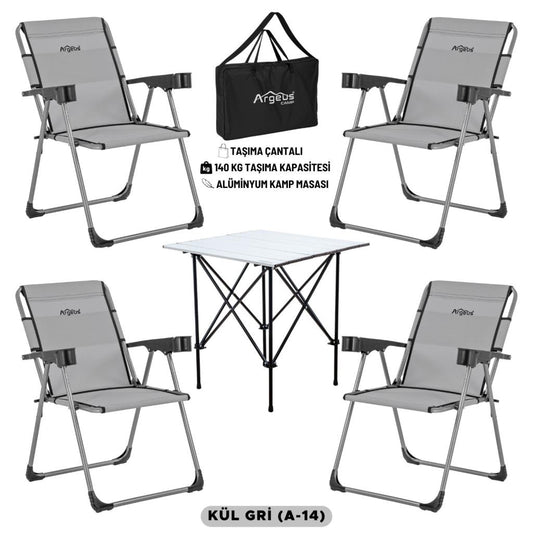 4 Adet Katlanır Kamp Sandalyesi ve Alüminyum Masa Seti - Rock Silver - Kül Gri - Taşıma Çantalı