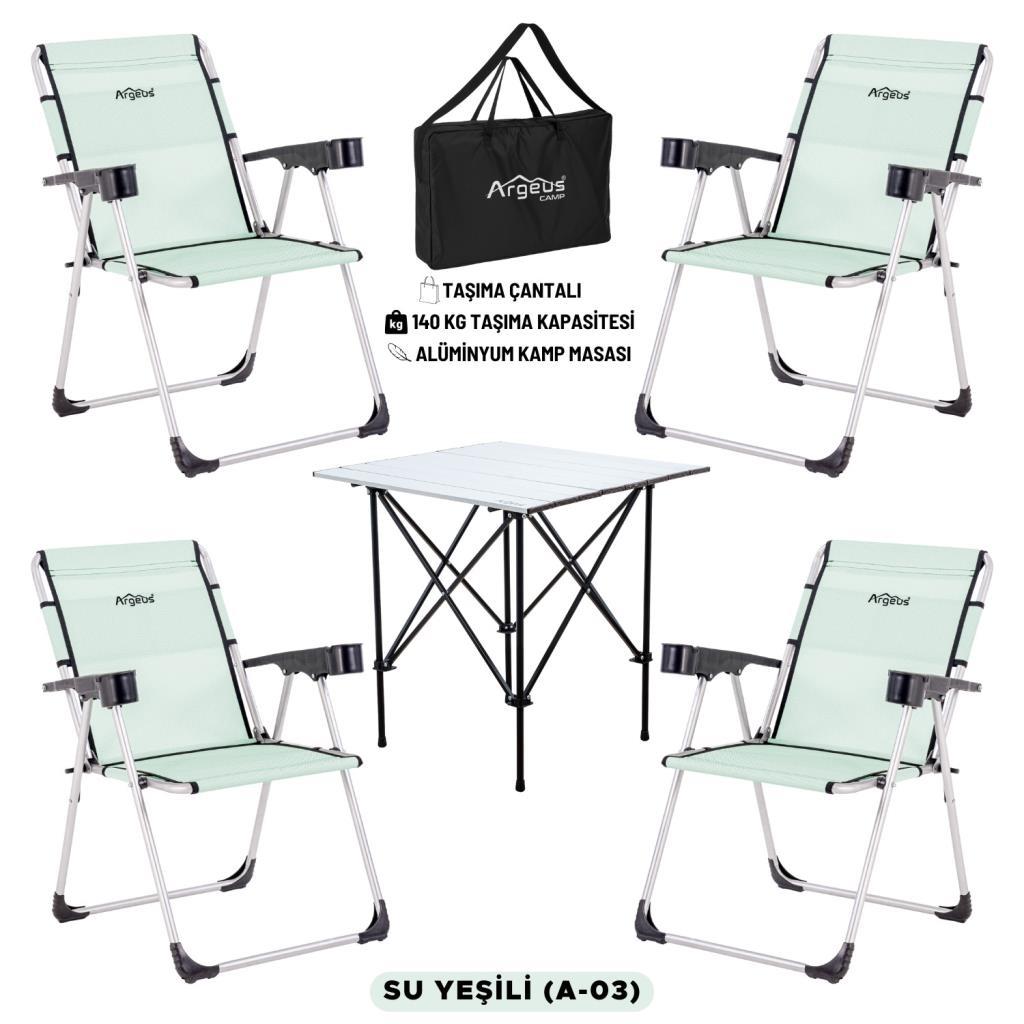 4 Adet Katlanır Kamp Sandalyesi ve Alüminyum Masa Seti - Rock Silver - Su Yeşili - Taşıma Çantalı
