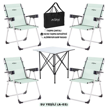 4 Adet Katlanır Kamp Sandalyesi ve Alüminyum Masa Seti - Rock Silver - Su Yeşili - Taşıma Çantalı