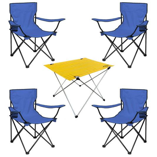 4 Adet Katlanır Kamp Sandalyesi ve Masa Seti - (DY.001) - Lacivert/Sarı - Plaj Sandalyesi