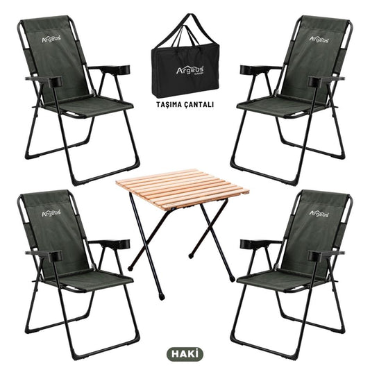 4 Adet Katlanır Kamp Sandalyesi ve Masa Seti - Rest - Taşıma Çantalı - Haki - 130 KG Taşıma