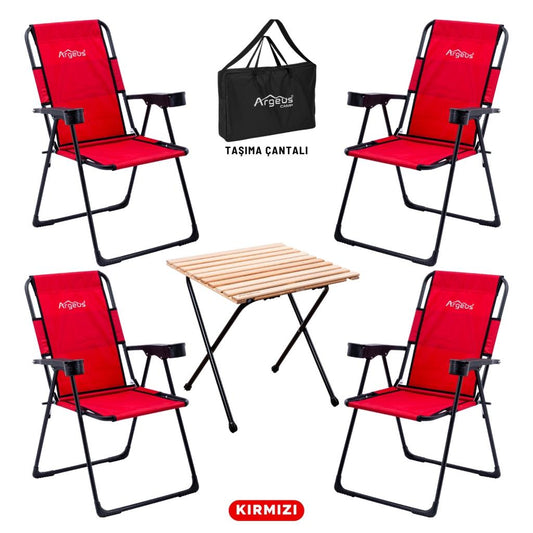 4 Adet Katlanır Kamp Sandalyesi ve Masa Seti - Rest - Taşıma Çantalı - Kırmızı - 130 KG Taşıma