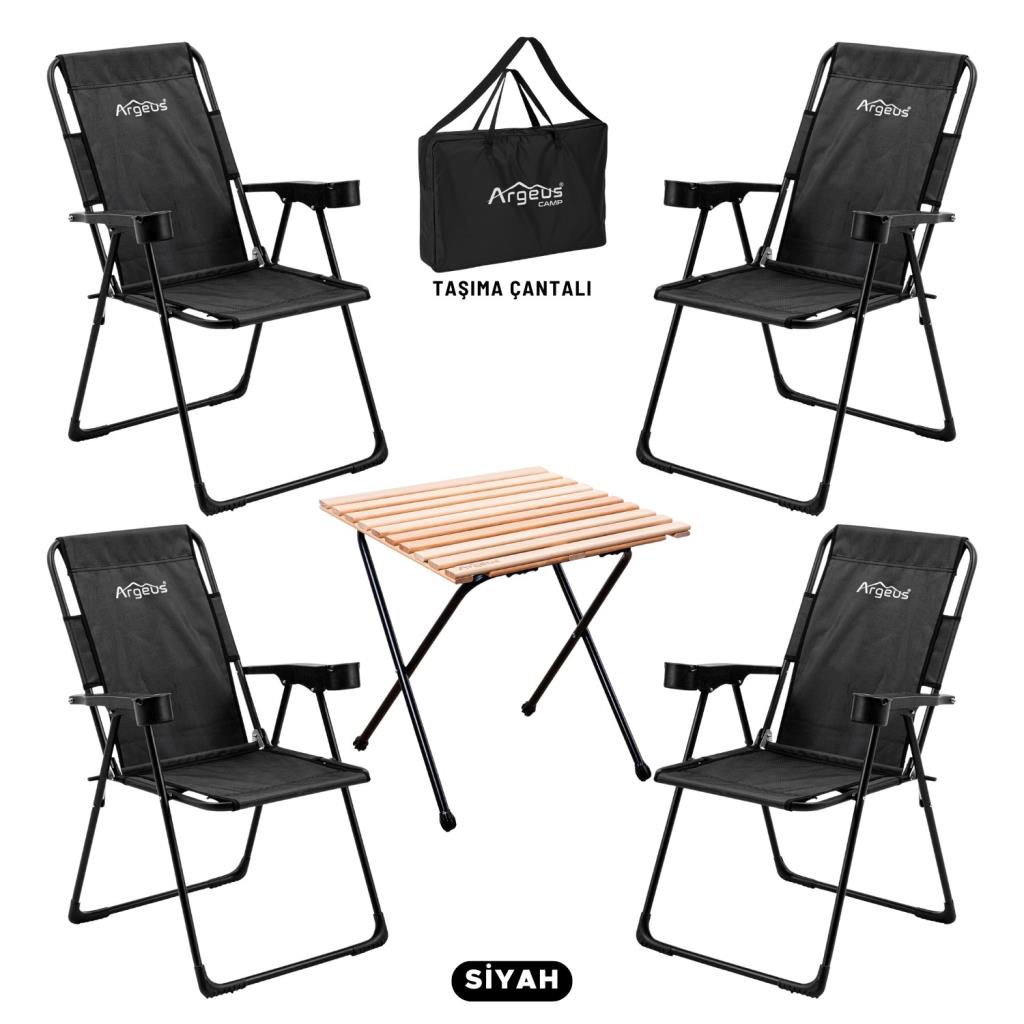 4 Adet Katlanır Kamp Sandalyesi ve Masa Seti - Rest - Taşıma Çantalı - Siyah - 130 KG Taşıma