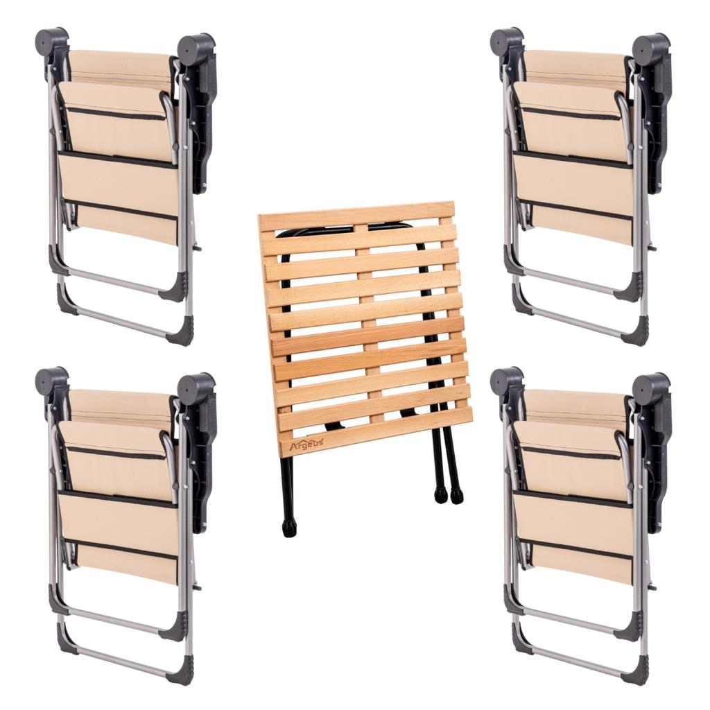 4 Adet Katlanır Kamp Sandalyesi ve Masa Seti - Rock - Bej - Bardaklıklı - 140 KG