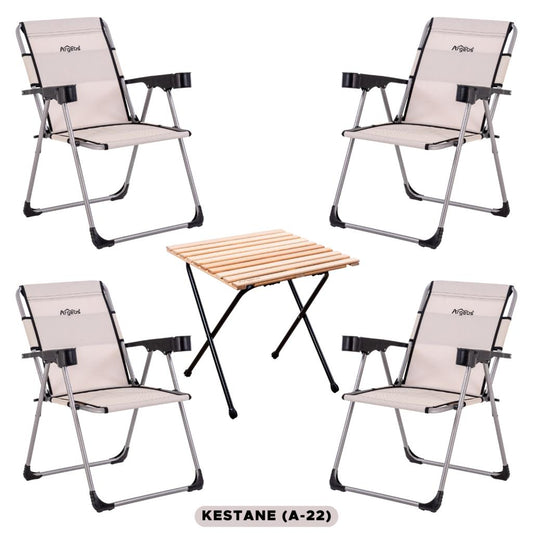 4 Adet Katlanır Kamp Sandalyesi ve Masa Seti - Rock - Kestane - Bardaklıklı - 140 KG