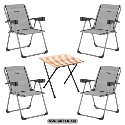 4 Adet Katlanır Kamp Sandalyesi ve Masa Seti - Rock - Kül Gri A14 - Bardaklıklı - 140 KG