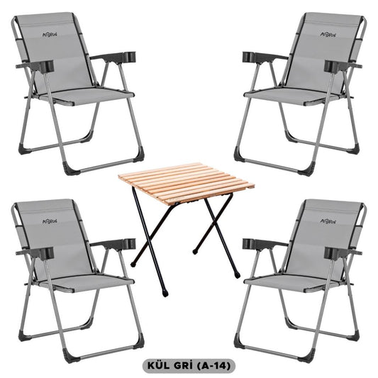 4 Adet Katlanır Kamp Sandalyesi ve Masa Seti - Rock - Kül Gri A14 - Bardaklıklı - 140 KG