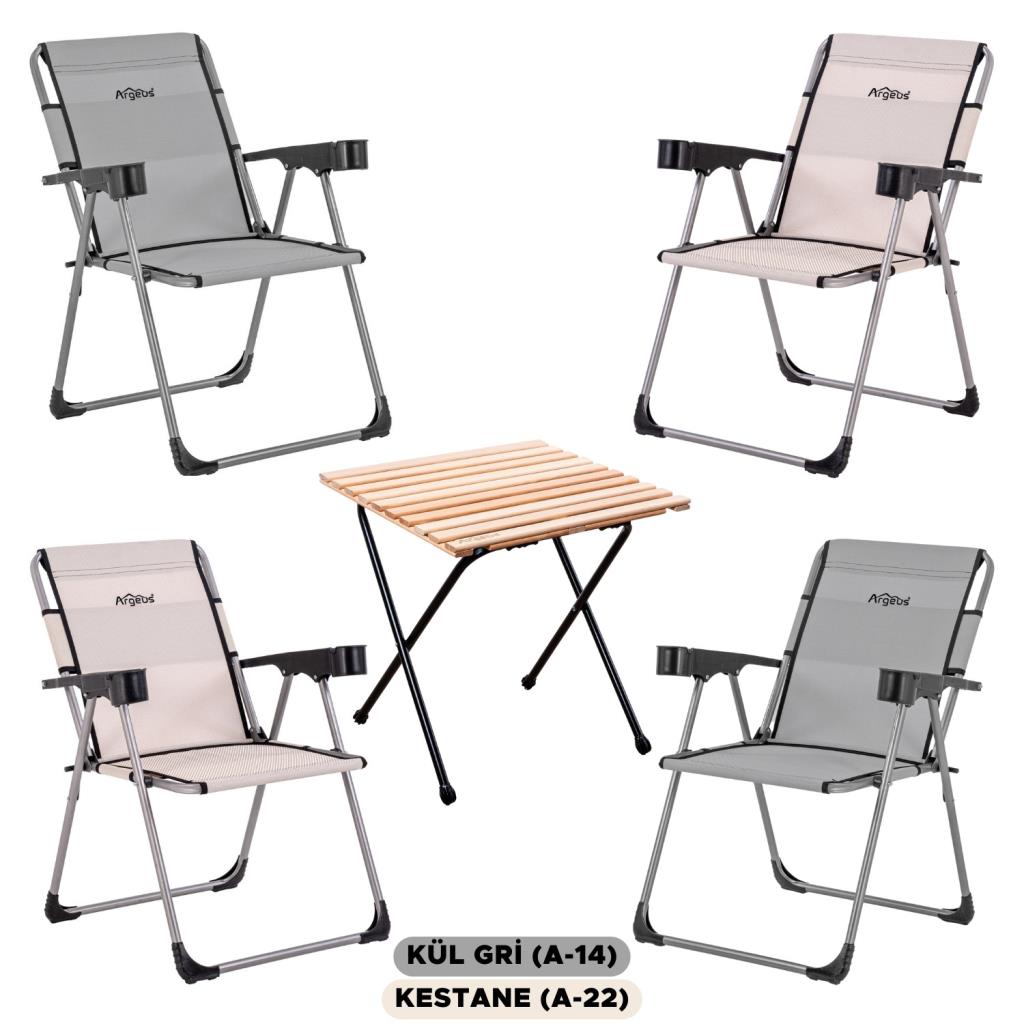 4 Adet Katlanır Kamp Sandalyesi ve Masa Seti - Rock - Kül Gri / Kestane - Bardaklıklı - 140 KG
